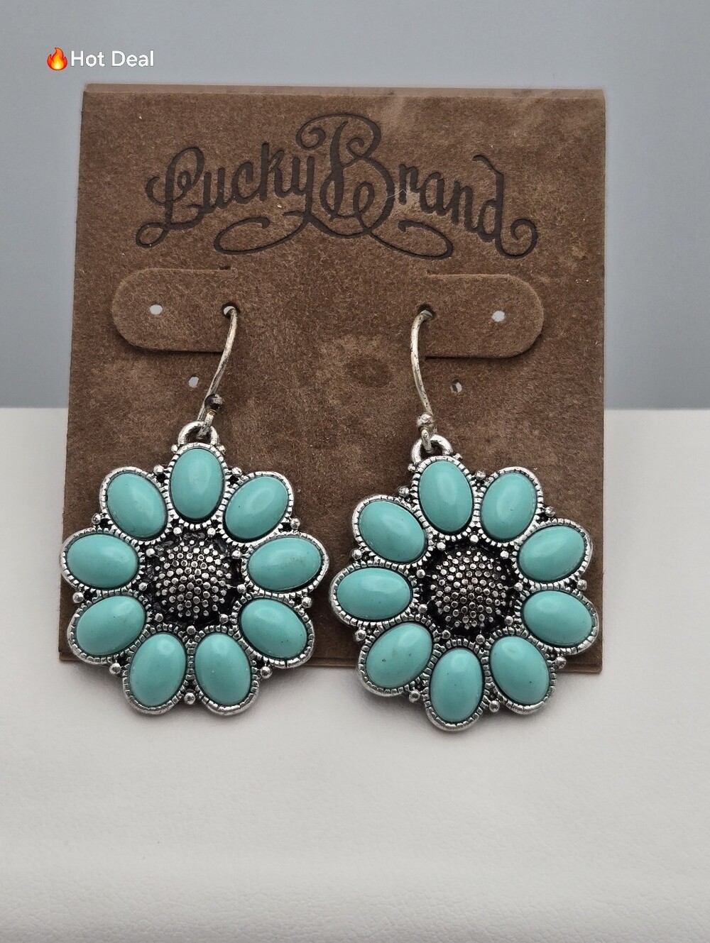 Lucky Brand Turquoise Sunflower Earrings Hummingbird Boho Western Silver Tone